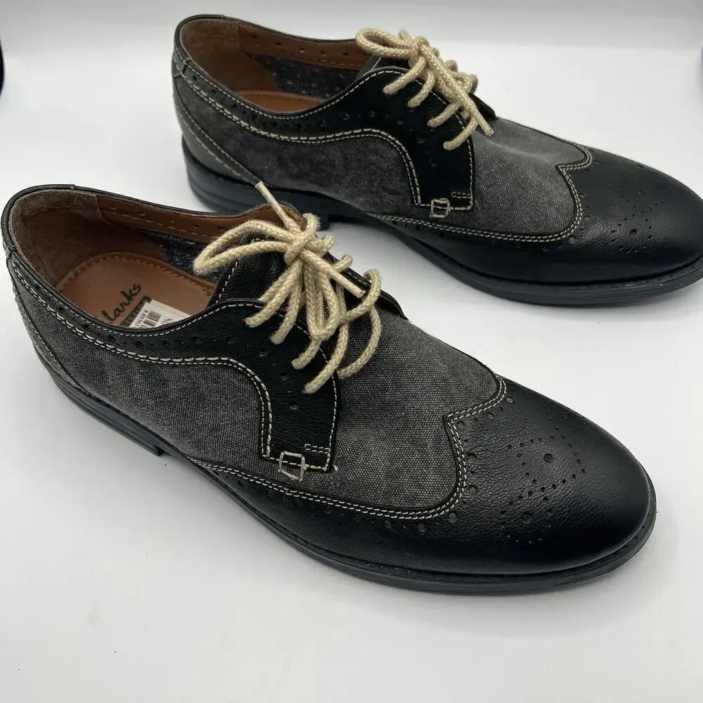 Clarks Delsin Wing Mens Wingtip Brogue Oxford Shoes Size 9.5 Black Leather Gray